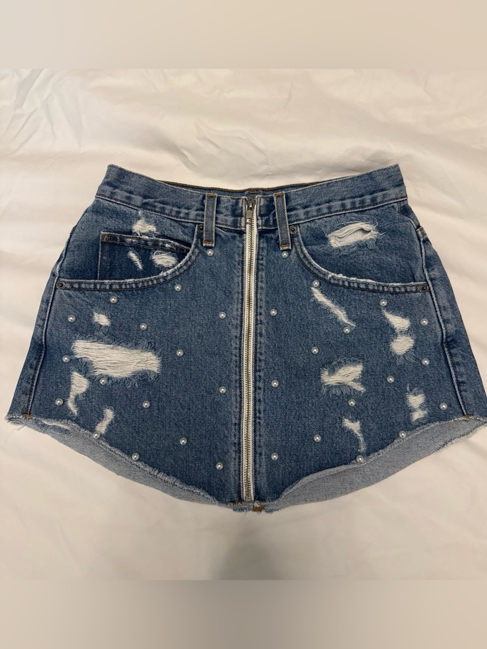 Carmar Distressed Blue Denim Mini Skirt with Front Zip and Pearls